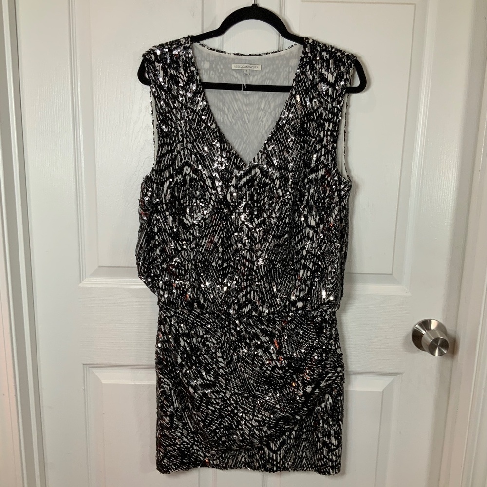 Rebecca Minkoff Spirit Animal Sequin Black Silver Silk Mini Dress Size 4 - Picture 9 of 9